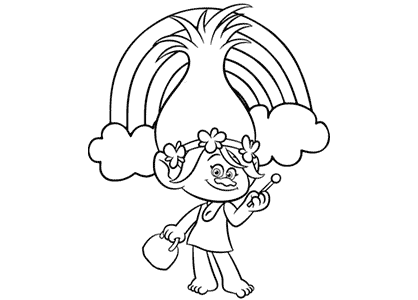 Coloring page of Poppy the protagonist of Trolls with a rainbow.
