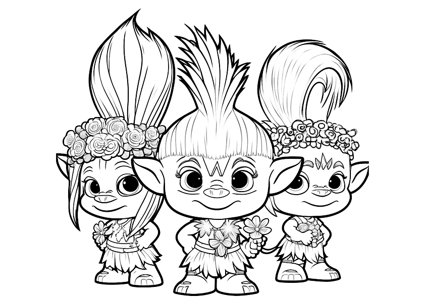 Coloring page of baby Trolls with flowers in their hands