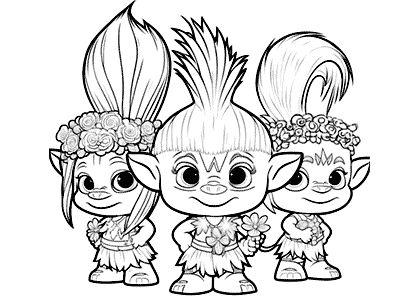 Coloring page of baby Trolls with flowers in their hands