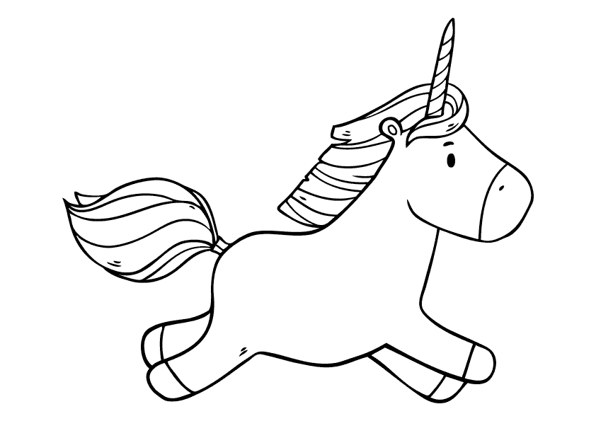 Drawing of a running unicorn. A running unicorn coloring page.