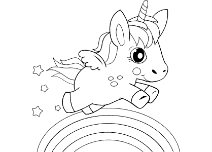 A unicorn jumping a rainbow coloring page