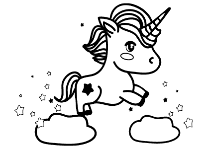 A unicorn jumping clouds coloring page.