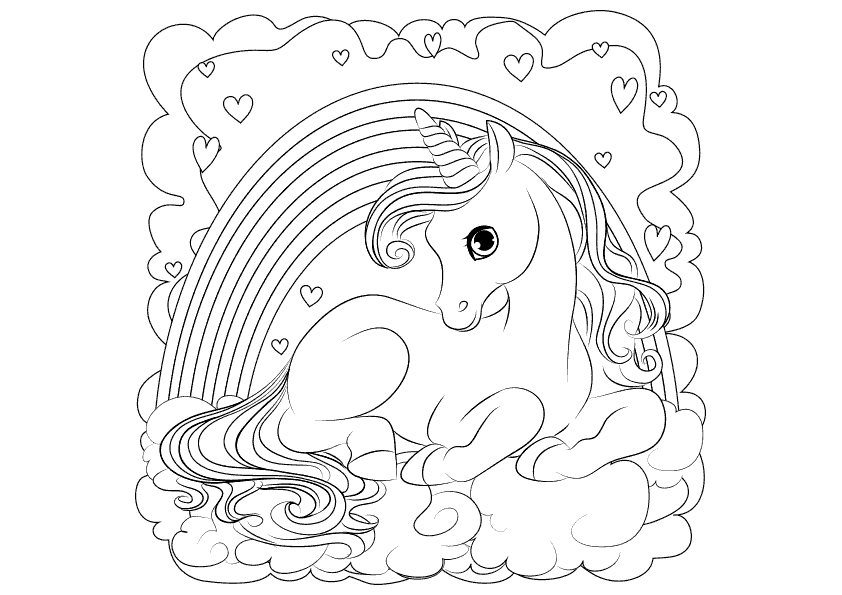A unicorn sitting on a cloud coloring page