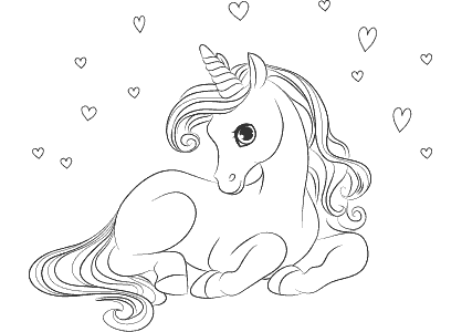 A unicorn sitting with hearts coloring page