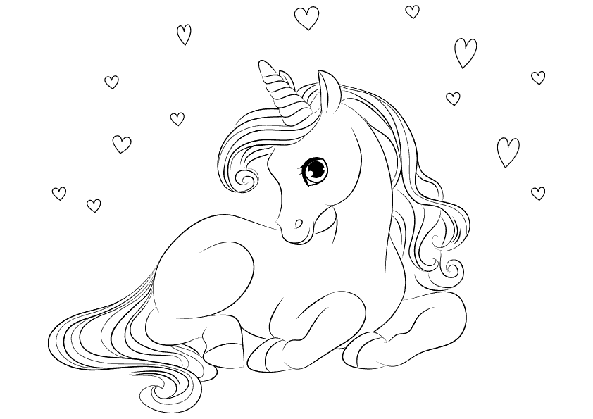 A unicorn sitting with hearts coloring page