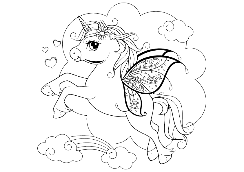A unicorn with decorated wings coloring page