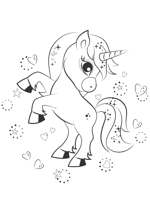 A unicorn with hearts and stars coloring page