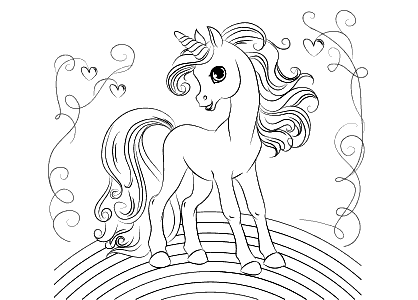 A young unicorn with long hair and a long tail on a rainbow coloring page