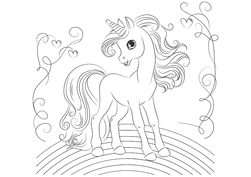 A young unicorn with long hair and a long tail on a rainbow coloring page