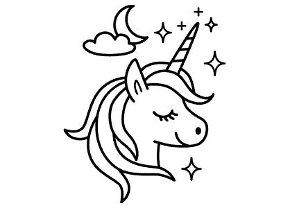 Head of a dreaming unicorn coloring page.