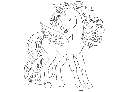 A magical unicorn with long hair and wings coloring page