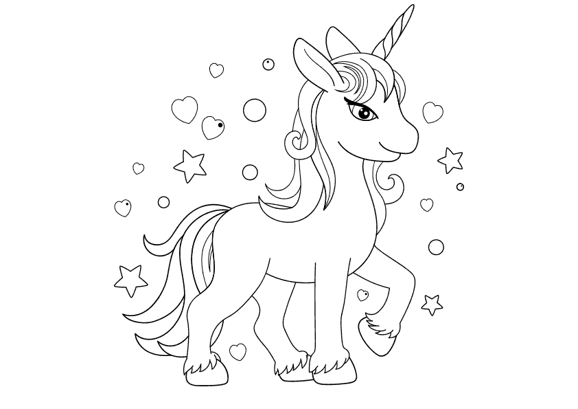 Drawing of a unicorn with long hair. Unicorn with long hair and stars coloring page.