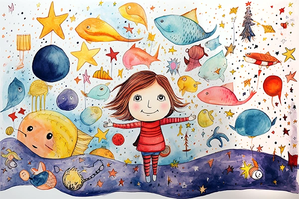 Drawing for kids, a girl in her world