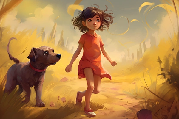 Ilustración de una niña paseando por el campo con su perro