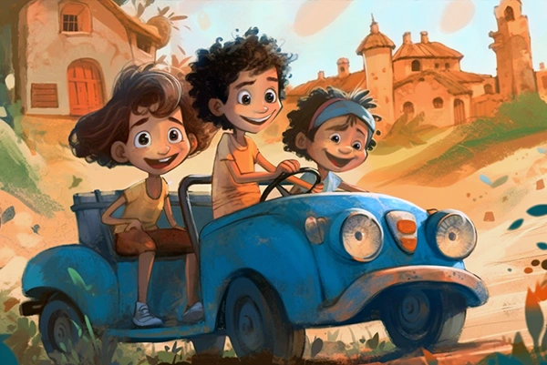 Ilustración infantil de unos niños montando en un coche fantástico