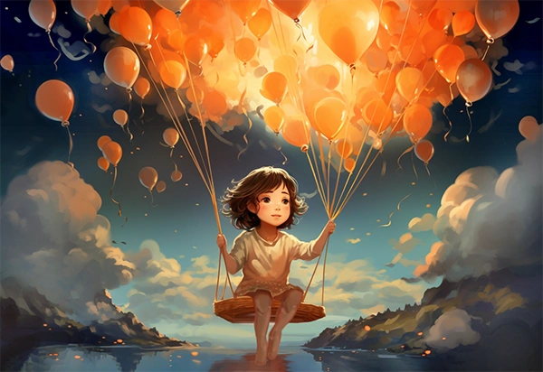 Ilustración infantil de la niña María sentada en un columpio de globos.
