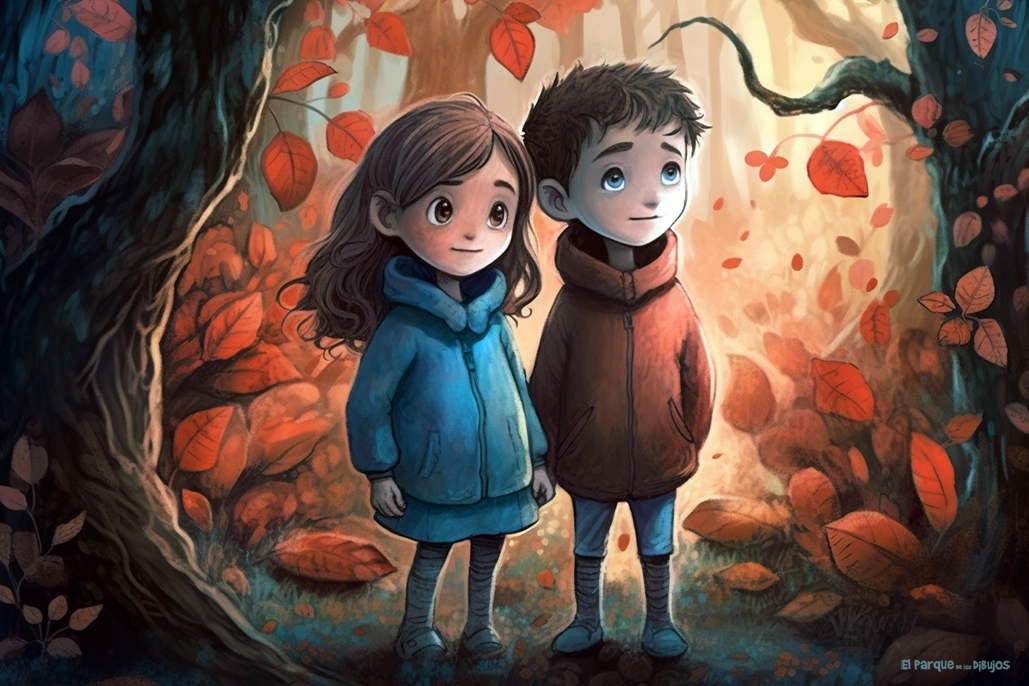 Ilustración de los dos niños protagonistas del cuento El Bosque Perrotin