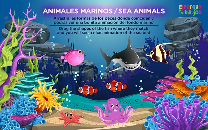 Juego de animales marinos, descubre la animación del fondo del mar. Arrastra las figuras de los peces donde coincidan y verás unos bonitos dibujos animados con animales marinos.