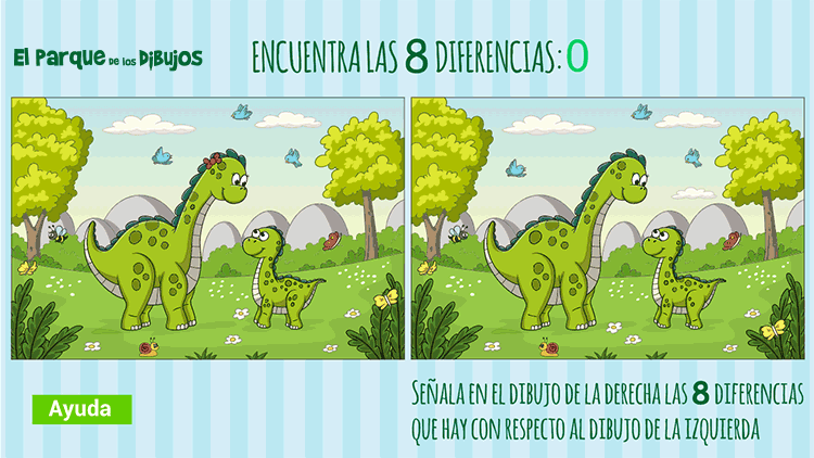 Juego de interactivo de dinosaurios para encontrar las 8 diferencias en los dibujos.