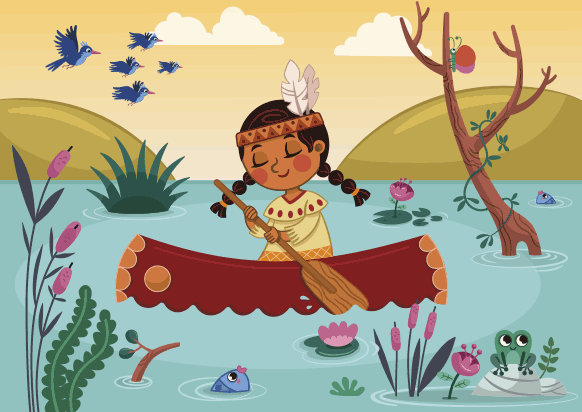 Juego infantil de encontrar las diferencias en un bonito dibujo de una niña india paseando en barca por el río
