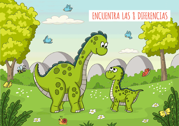Juego para niños de encontrar las 8 diferencias en un precioso dibujo de un dinosaurio pequeño con su mamá