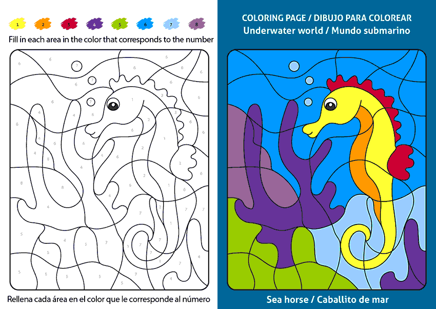 Dibujos infantiles para colorear y aprender inglés, Dibujo de un caballito de mar, sea horse