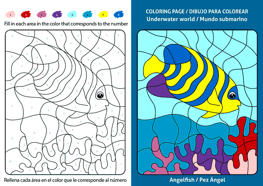 Dibujos infantiles para colorear y aprender inglés, Dibujo de un Pez Ángel, Angelfish