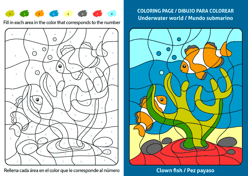 Dibujos infantiles para colorear y aprender inglés, Dibujo de un Pez Payaso, Clown fish