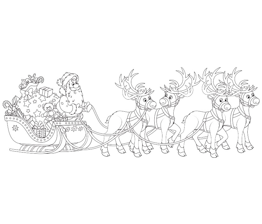 Dibujos colorear de Navidad, Papá Noel en el trineo con los renos