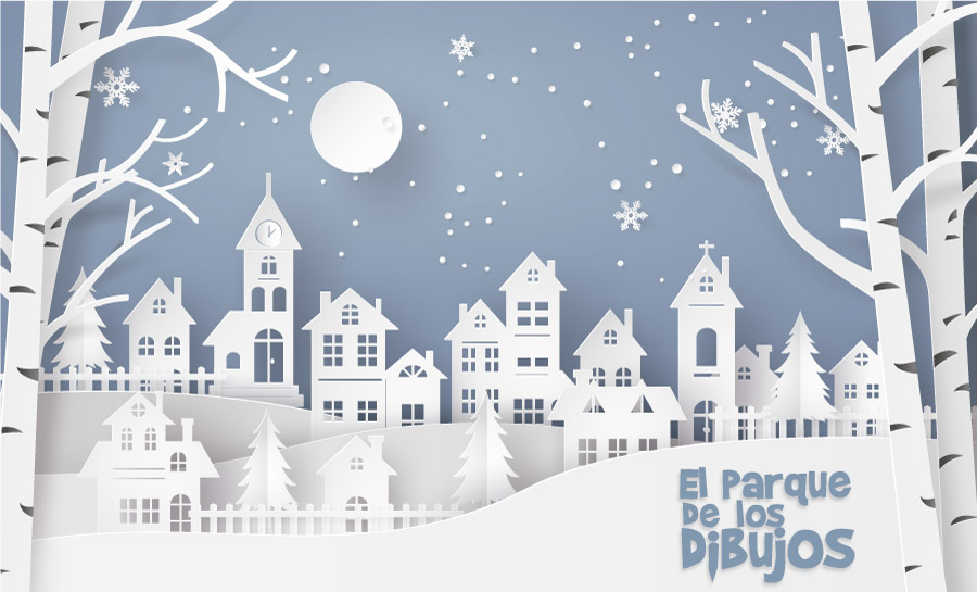 Ilustración dibujo pueblo nevado Feliz Navidad en El Parque de los Dibujos